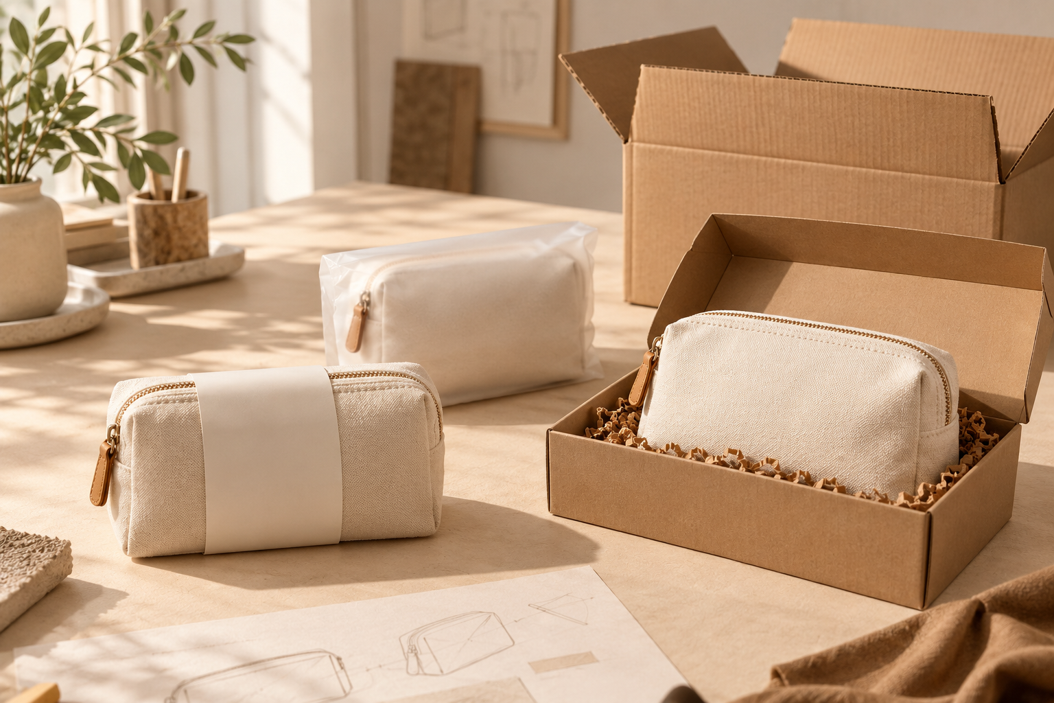 matching-cosmetic-pouches-with-a-paper-belly-band-protective-sleeve-retail-box-and-shipping-carton.