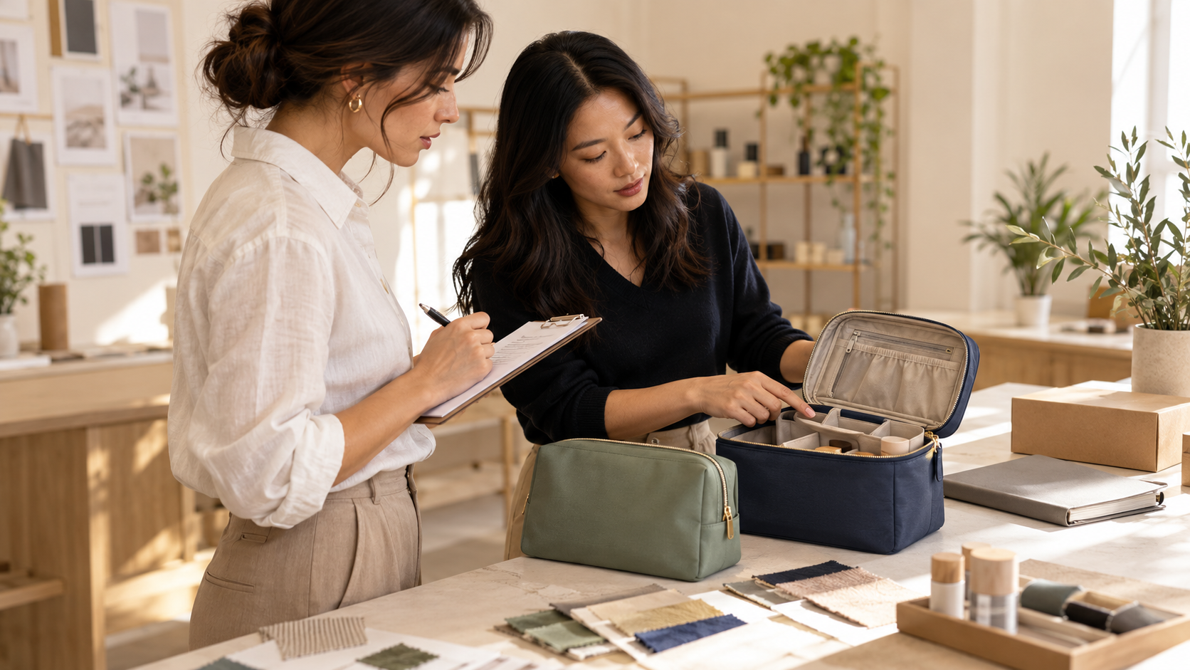 Two team members comparing a sage green pouch and an open navy cosmetic organizer with a review clipboard