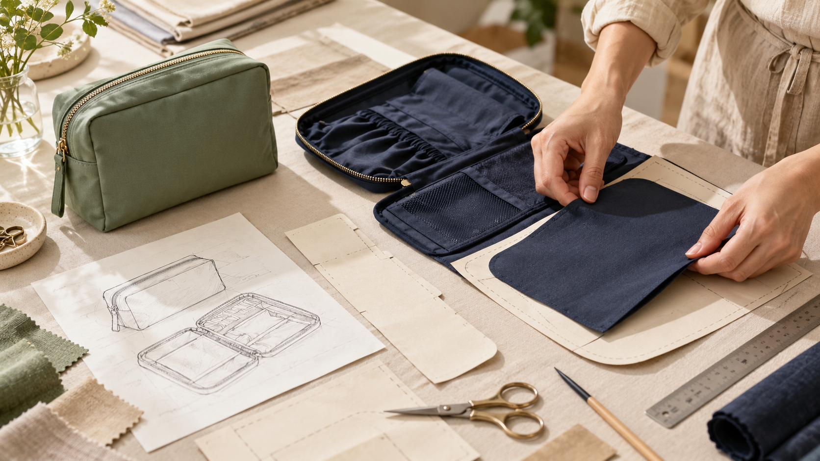 Sage green cosmetic pouch beside a navy organizer prototype, construction sketches, and fabric pattern pieces