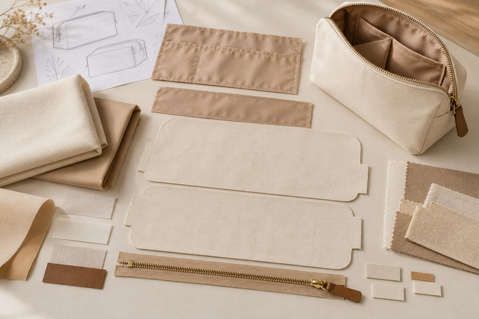 open-cosmetic-pouch-beside-outer-fabric-lining-reinforcement-pieces-a-zipper-and-label-samples.